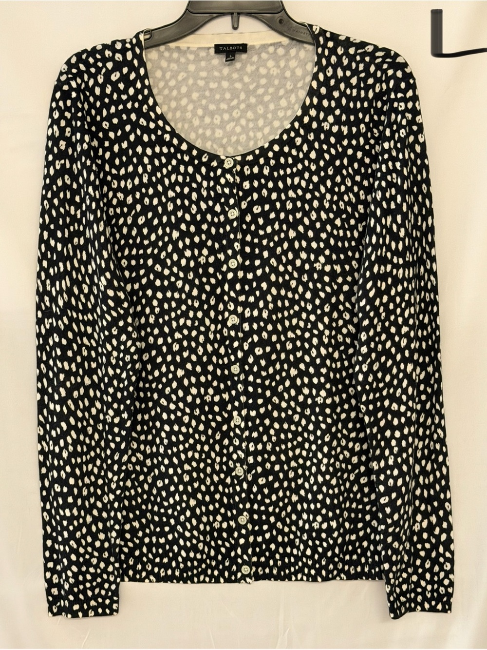 Talbots Black and Cream Button-Front Printed Top